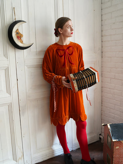 Unlogical Poem Victorian-style Bow Embroidery Orange Velvet Dress