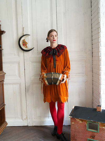 Unlogical Poem Victorian-style Bow Embroidery Orange Velvet Dress