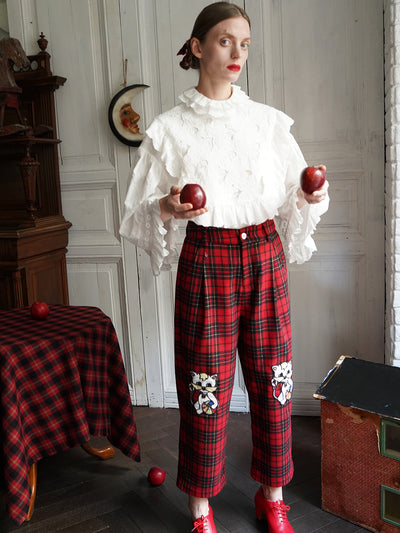 Unlogical Poem Cat Embroidered Patchwork Red Tartan Woolen Cropped Trousers