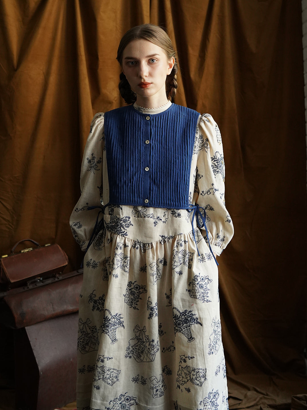 Unlogical Poem Vintage style Pleated Blue Hemp Smock