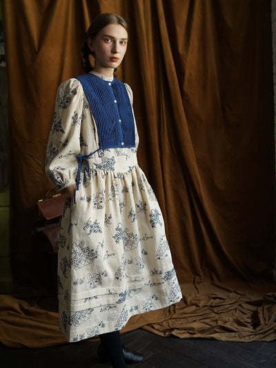 Unlogical Poem Vintage style Pleated Blue Hemp Smock