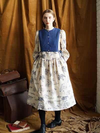 Unlogical Poem Vintage style Pleated Blue Hemp Smock