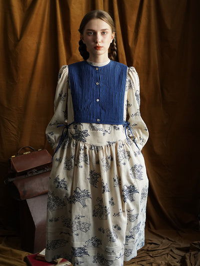 Unlogical Poem Vintage style Pleated Blue Hemp Smock