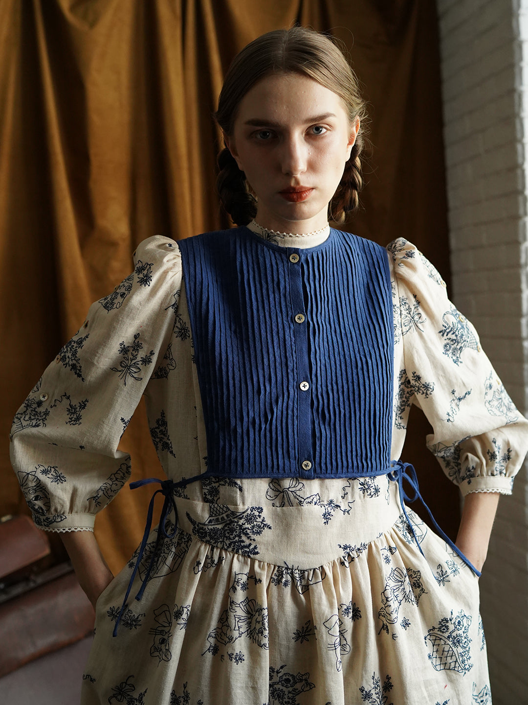 Unlogical Poem Vintage style Pleated Blue Hemp Smock