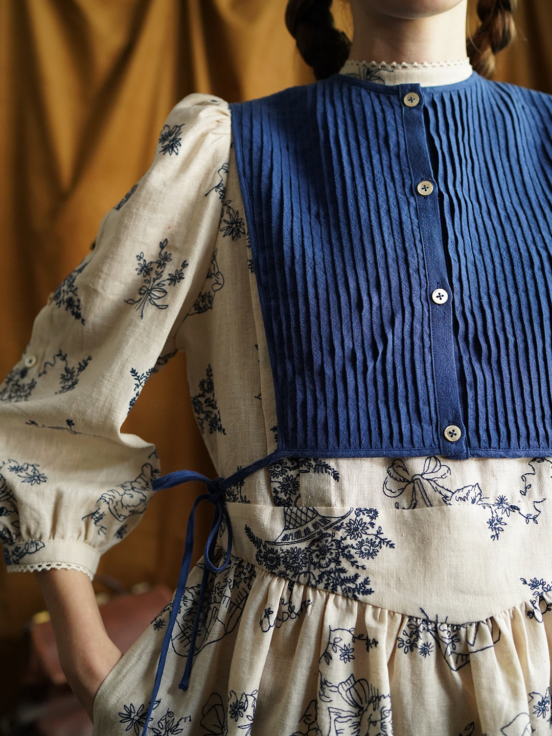 Unlogical Poem Vintage style Pleated Blue Hemp Smock