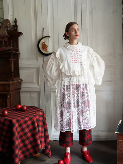 Unlogical Poem Vintage Style Poetry Embroidery Lace Ramie Dress Smock