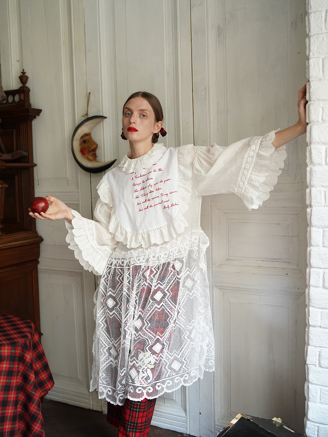 Unlogical Poem Vintage Style Poetry Embroidery Lace Ramie Dress Smock