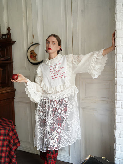 Unlogical Poem Vintage Style Poetry Embroidery Lace Ramie Dress Smock