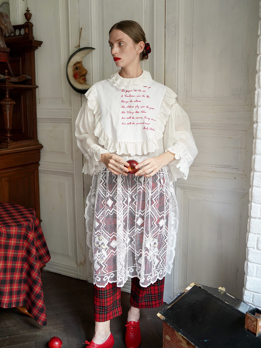 Unlogical Poem Vintage Style Poetry Embroidery Lace Ramie Dress Smock