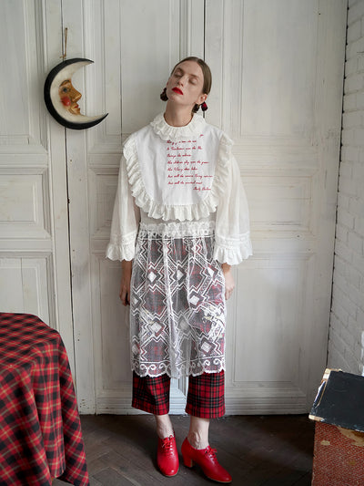 Unlogical Poem Vintage Style Poetry Embroidery Lace Ramie Dress Smock