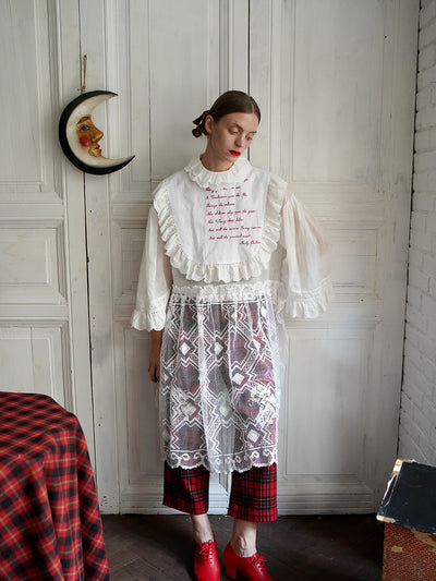 Unlogical Poem Vintage Style Poetry Embroidery Lace Ramie Dress Smock