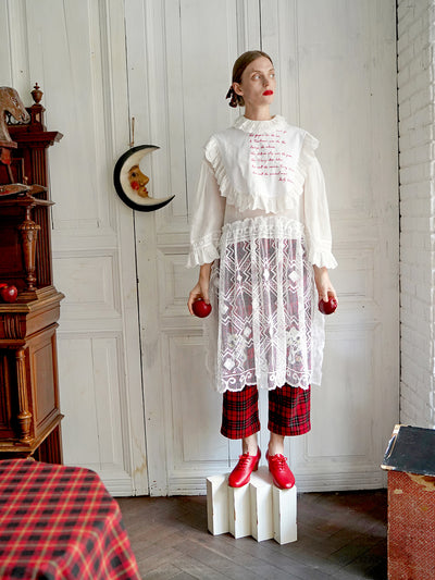 Unlogical Poem Vintage Style Poetry Embroidery Lace Ramie Dress Smock