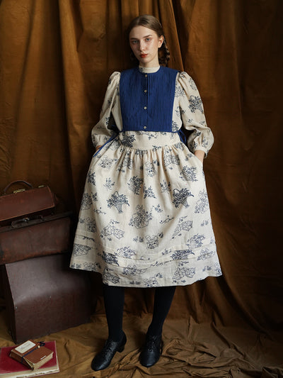 Unlogical Poem Vintage style Pleated Blue Hemp Smock