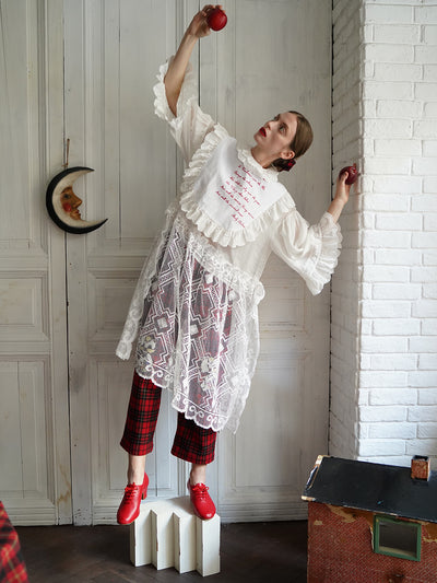 Unlogical Poem Vintage Style Poetry Embroidery Lace Ramie Dress Smock