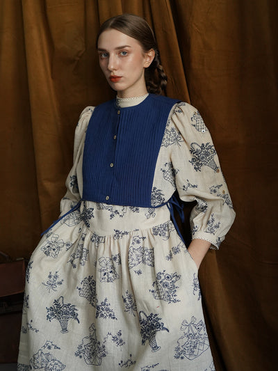 Unlogical Poem Vintage style Pleated Blue Hemp Smock