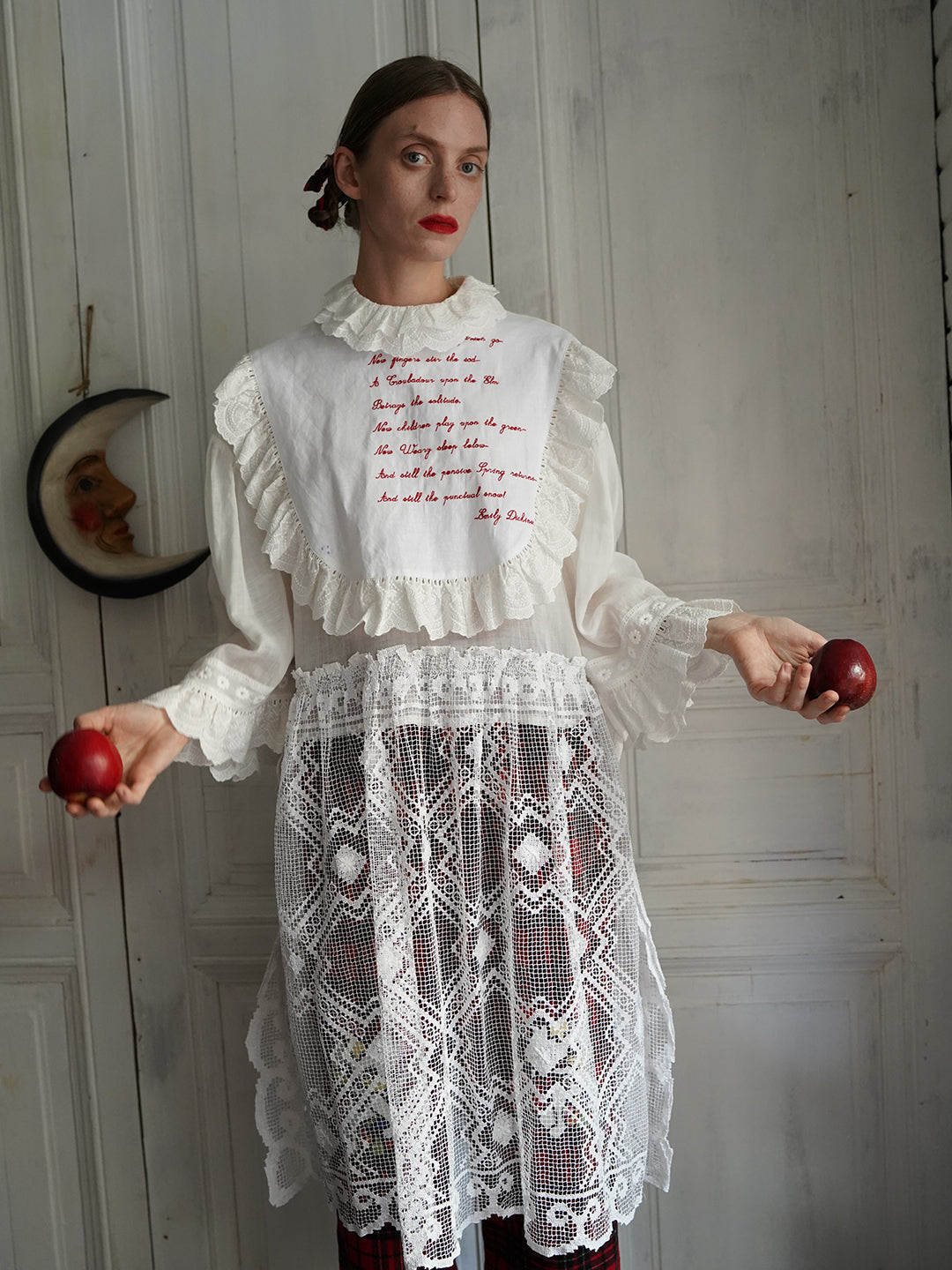 Unlogical Poem Vintage Style Poetry Embroidery Lace Ramie Dress Smock