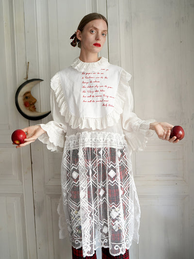 Unlogical Poem Vintage Style Poetry Embroidery Lace Ramie Dress Smock