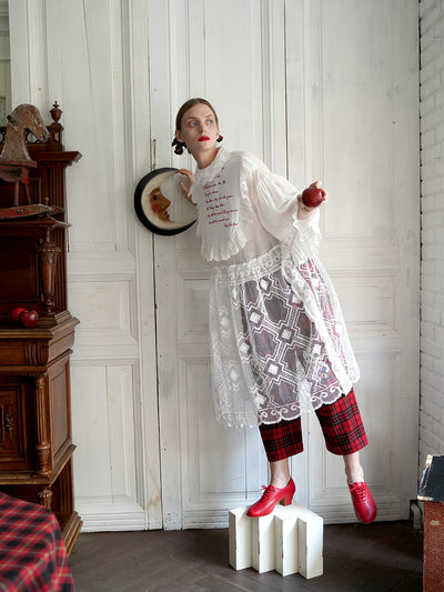 Unlogical Poem Vintage Style Poetry Embroidery Lace Ramie Dress Smock