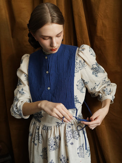 Unlogical Poem Vintage style Pleated Blue Hemp Smock