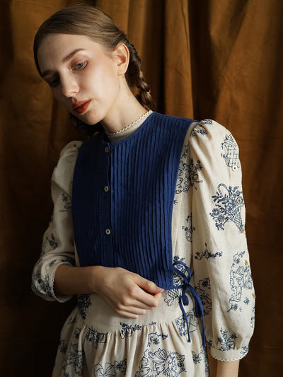 Unlogical Poem Vintage style Pleated Blue Hemp Smock