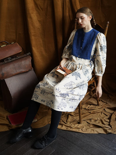 Unlogical Poem Vintage style Pleated Blue Hemp Smock