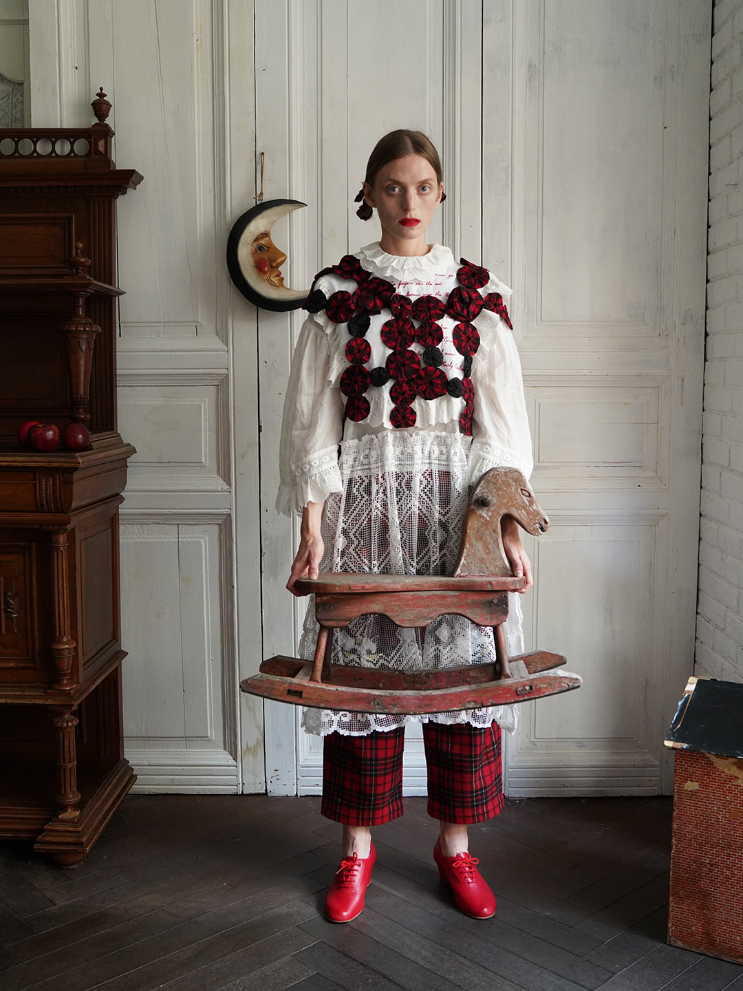 Unlogical Poem Handmade Yoyo Flowers Gingham Smock