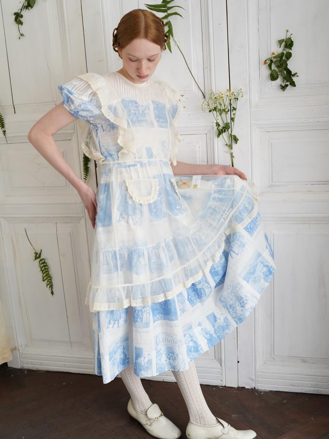 Unlogical Poem Victorian Style Blue Print White Collar Dress