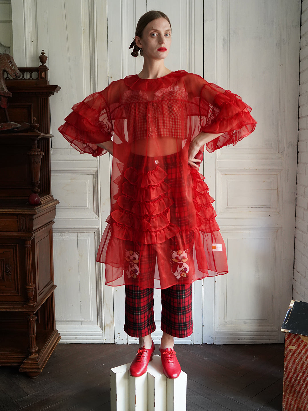 Unlogical Poem Vintage Style Ruffle Red Silk Dress Smock