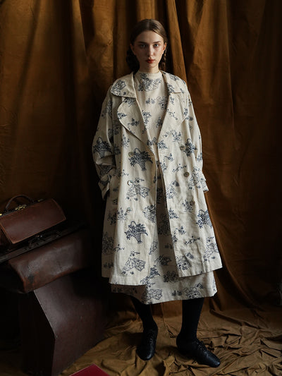 Unlogical Poem Blue Illustration Embroidery Ramie Trench coat