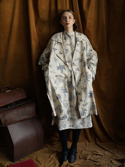 Unlogical Poem Blue Illustration Embroidery Ramie Trench coat