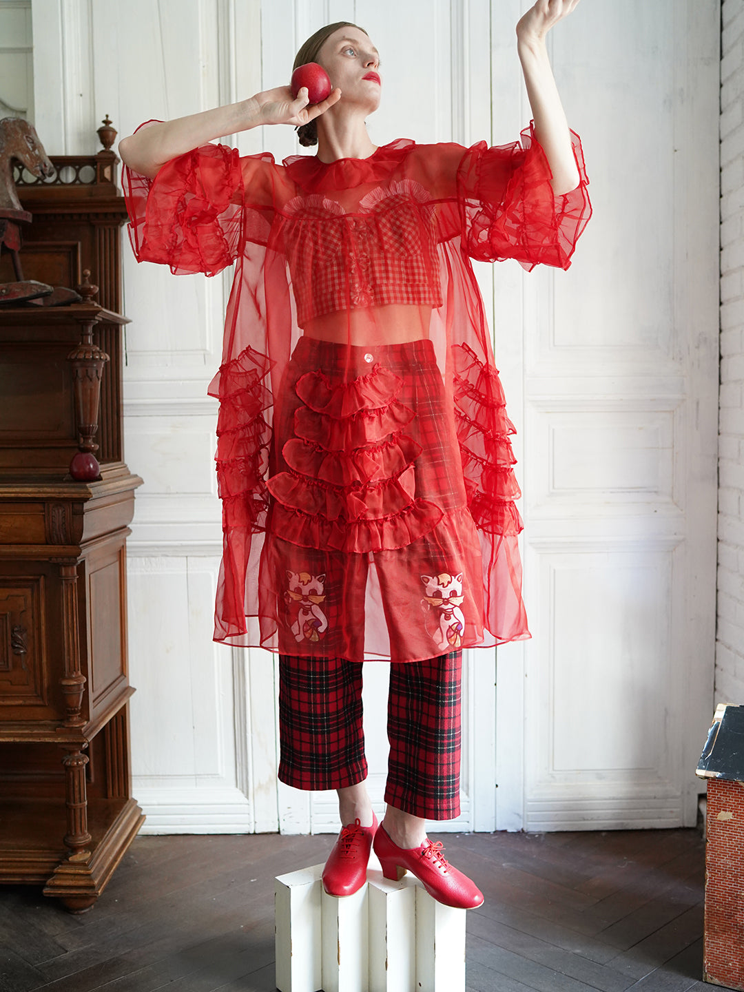 Unlogical Poem Vintage Style Ruffle Red Silk Dress Smock