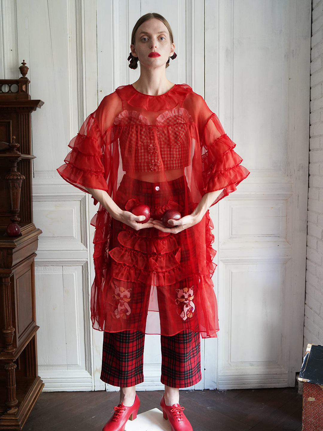 Unlogical Poem Vintage Style Ruffle Red Silk Dress Smock