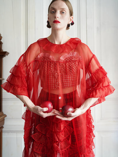 Unlogical Poem Vintage Style Ruffle Red Silk Dress Smock