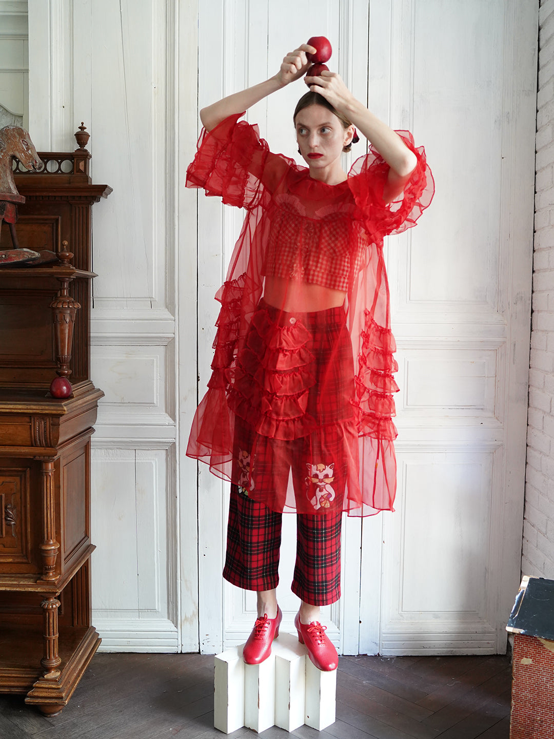 Unlogical Poem Vintage Style Ruffle Red Silk Dress Smock