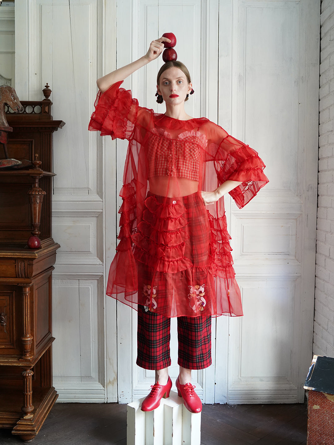 Unlogical Poem Vintage Style Ruffle Red Silk Dress Smock