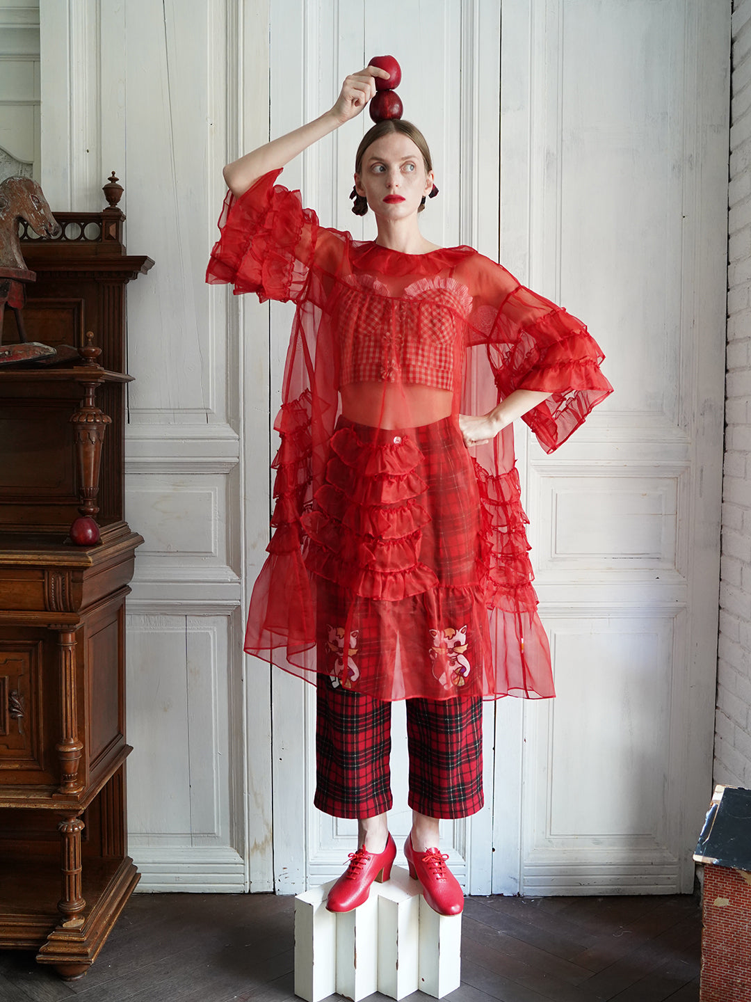 Unlogical Poem Vintage Style Ruffle Red Silk Dress Smock