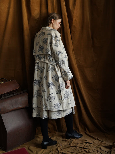 Unlogical Poem Blue Illustration Embroidery Ramie Trench coat