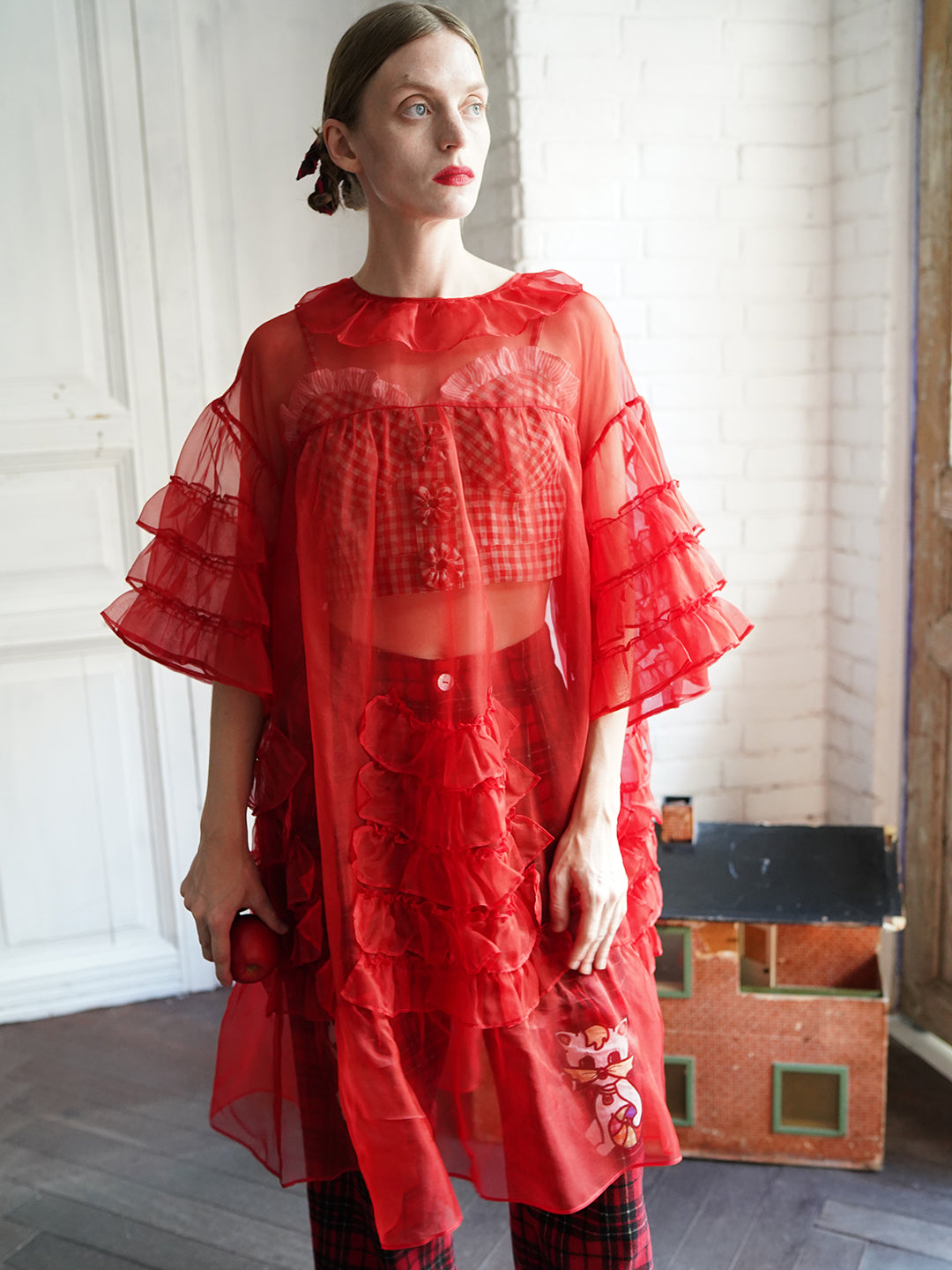 Unlogical Poem Vintage Style Ruffle Red Silk Dress Smock