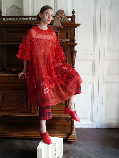 Unlogical Poem Vintage Style Ruffle Red Silk Dress Smock