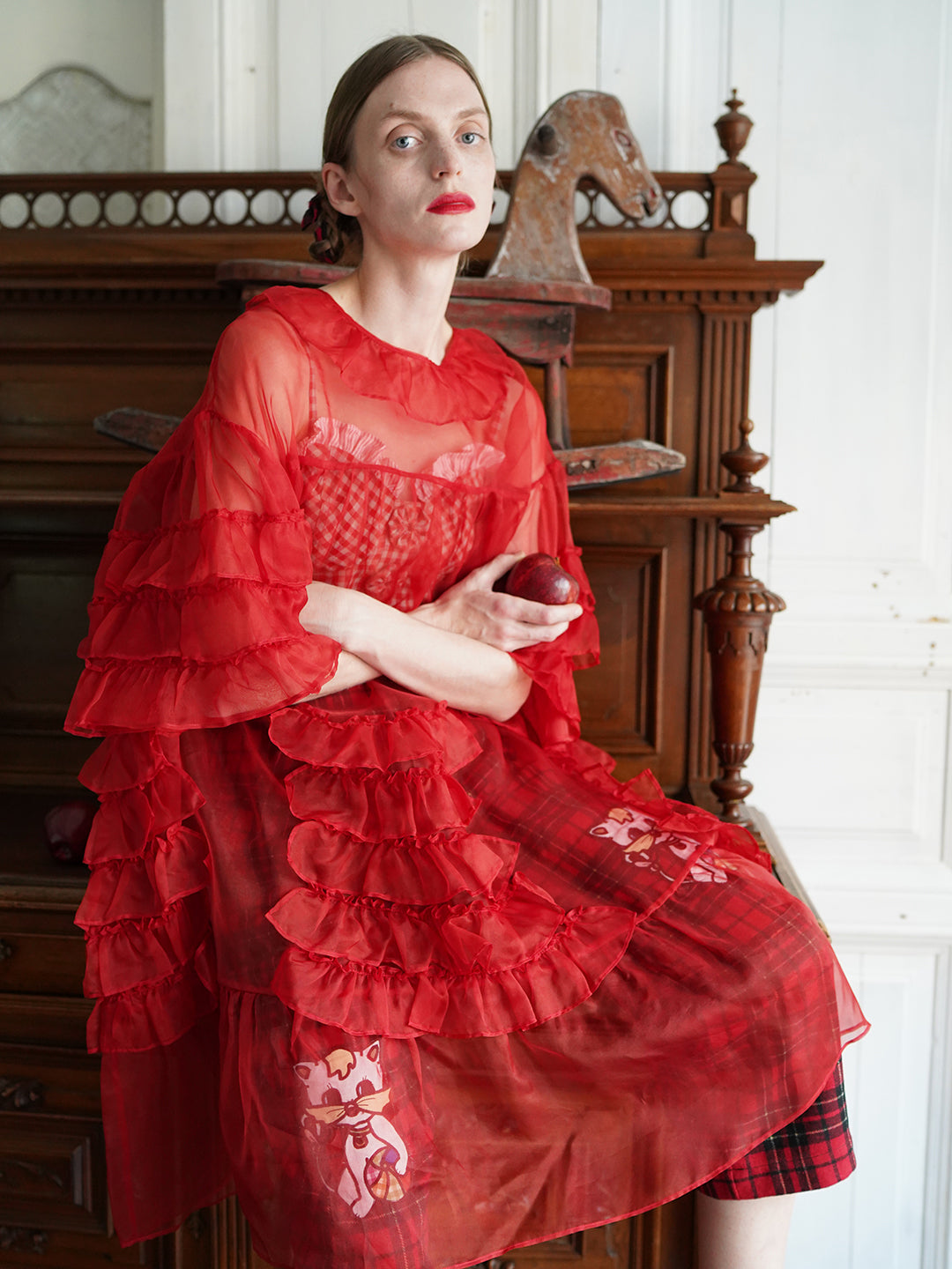 Unlogical Poem Vintage Style Ruffle Red Silk Dress Smock