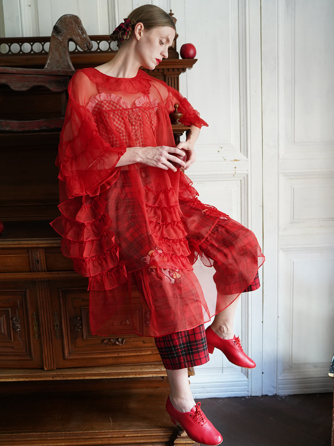 Unlogical Poem Vintage Style Ruffle Red Silk Dress Smock