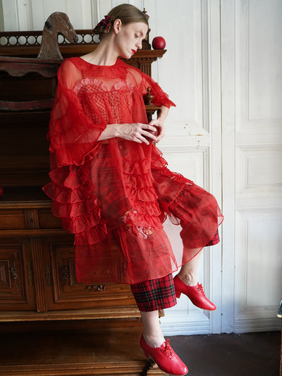 Unlogical Poem Vintage Style Ruffle Red Silk Dress Smock