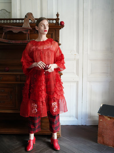 Unlogical Poem Vintage Style Ruffle Red Silk Dress Smock