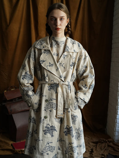 Unlogical Poem Blue Illustration Embroidery Ramie Trench coat