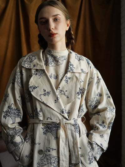 Unlogical Poem Blue Illustration Embroidery Ramie Trench coat