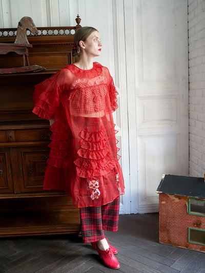 Unlogical Poem Vintage Style Ruffle Red Silk Dress Smock