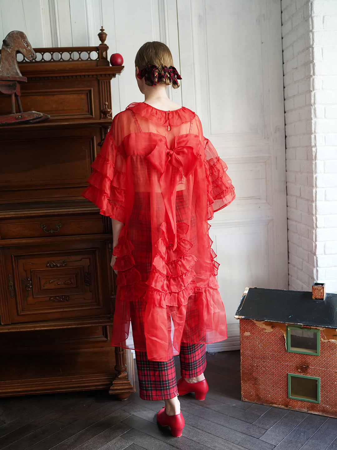 Unlogical Poem Vintage Style Ruffle Red Silk Dress Smock