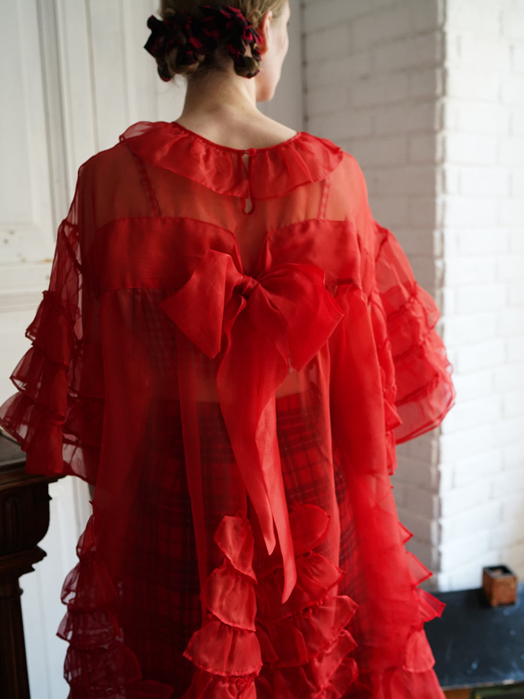 Unlogical Poem Vintage Style Ruffle Red Silk Dress Smock