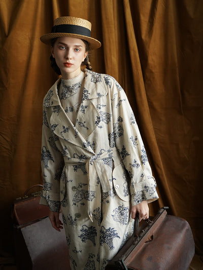 Unlogical Poem Blue Illustration Embroidery Ramie Trench coat