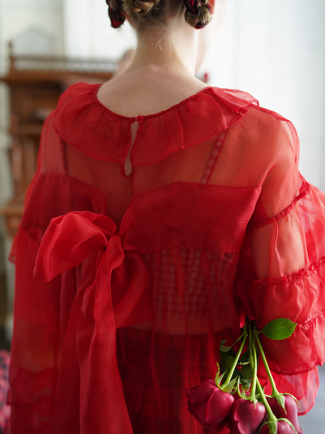 Unlogical Poem Vintage Style Ruffle Red Silk Dress Smock